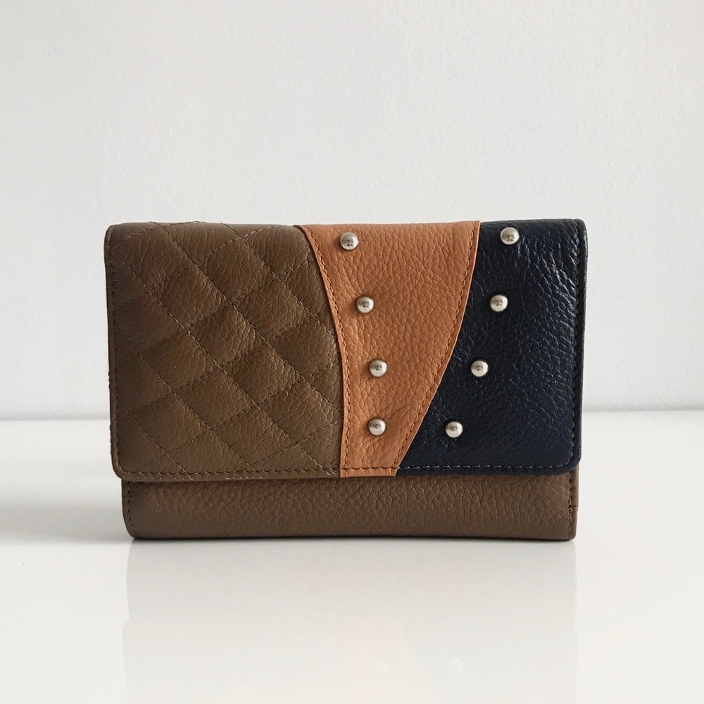 B Collective Quilted Genuine Leather Brown Tan Navy Studded Wallet